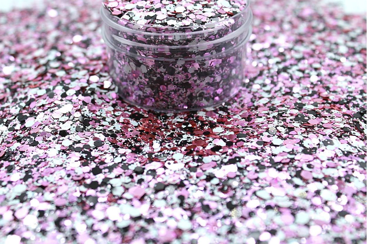 Dance With Me is a pink, black, and white chunky mix glitter