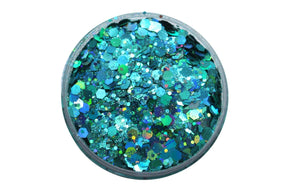 Dragon’s Gem is a blue/teal chunky holographic glitter