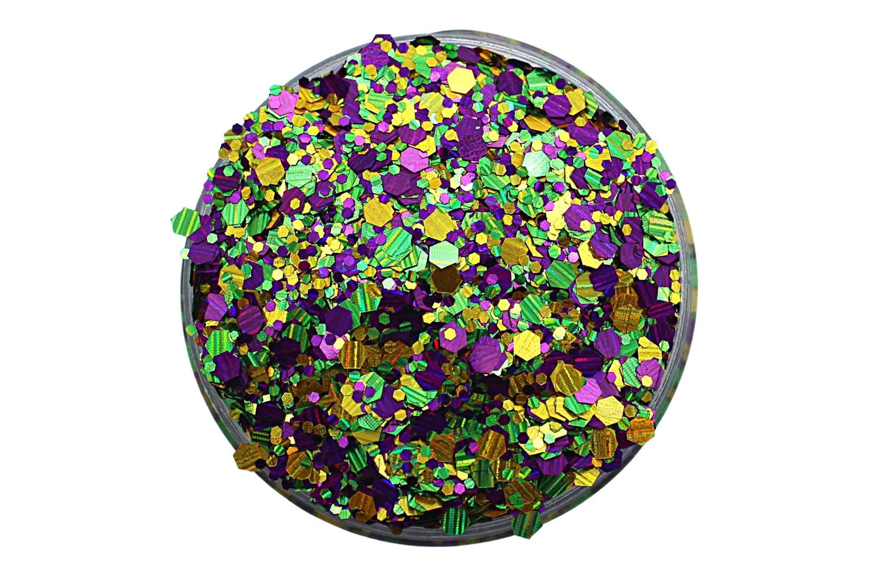 Jester is a chunky glitter mix of purple, green and gold