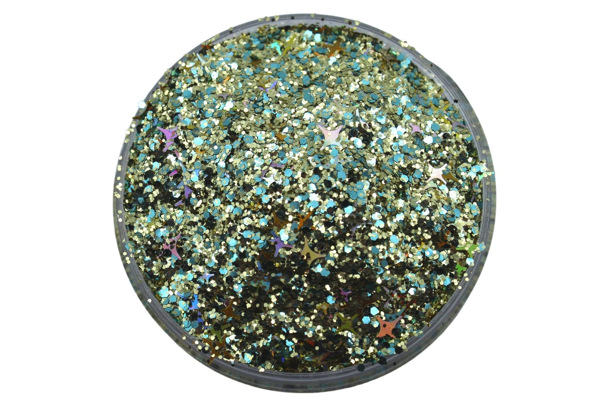 Kaleidoscope is a gold with holographic 4 point stars glitter