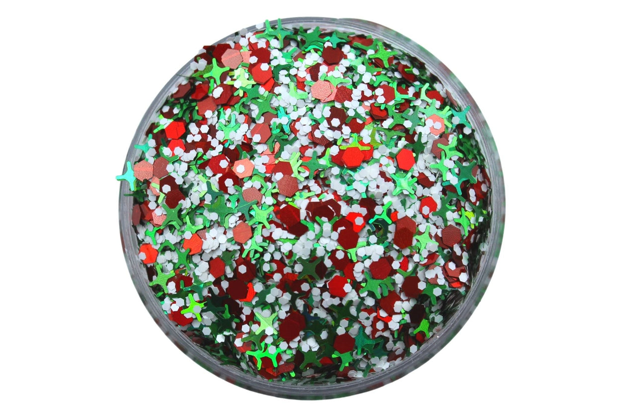 Mistletoe is a mix of red, green white, and 4 point star glitters