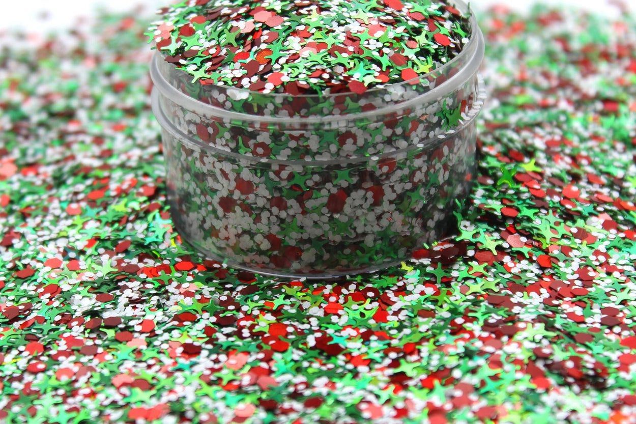 Mistletoe is a mix of red, green white, and 4 point star glitters