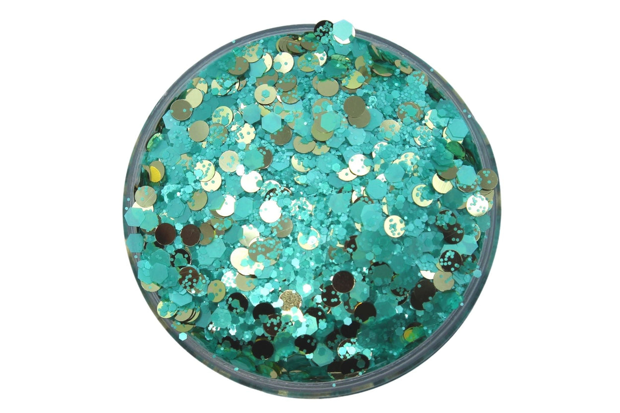 Seafoam minty green shimmer with a metallic chunky gold glitter