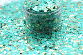 Seafoam minty green shimmer with a metallic chunky gold glitter