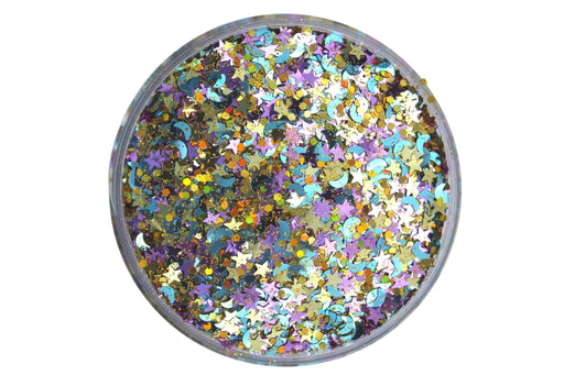 Summer Moon is a gold holographic glitter with moon and star shapes 