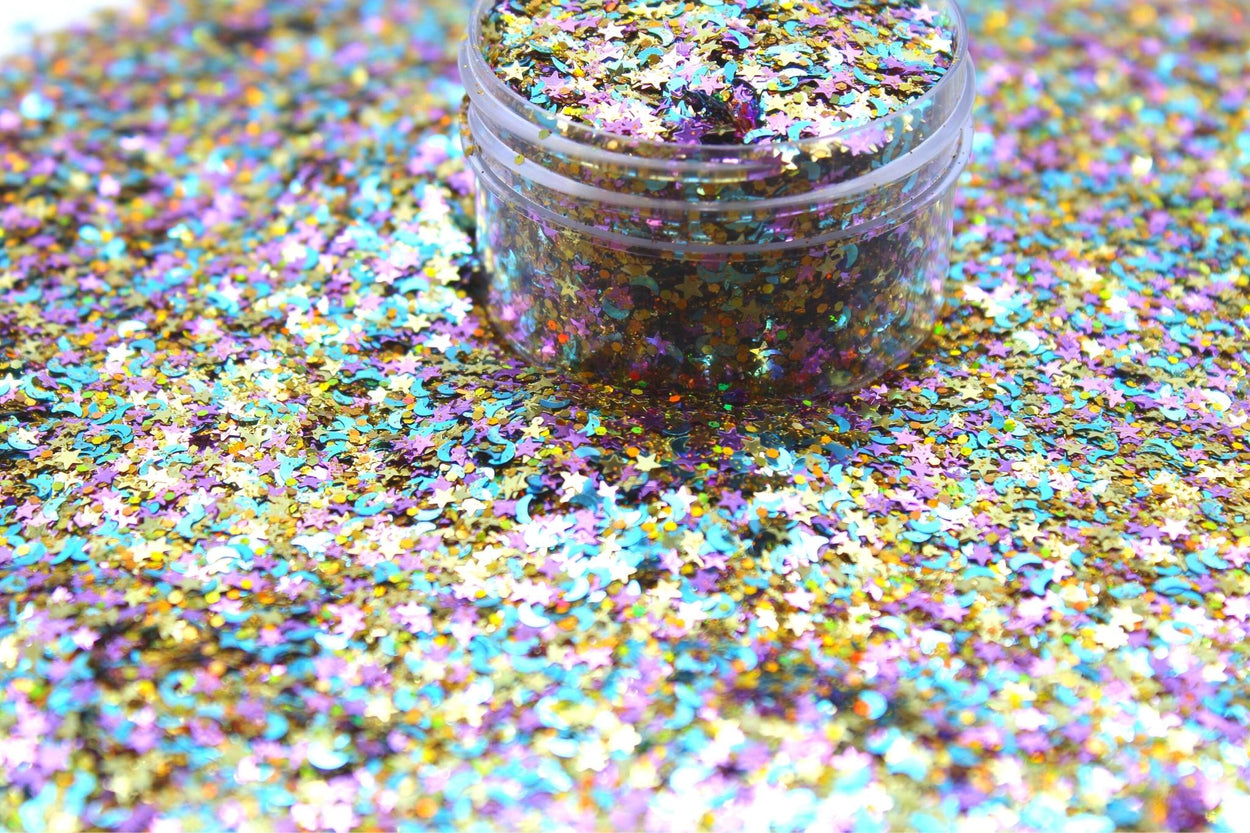 Summer Moon  is a gold holographic glitter with moon and star shapes