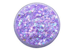 Whimsical is a pastel purple chunky glitter. Our glitter is polyester and can be used for tumblers, pens, nails, makeup, sensory bottles, wax melts, slime and other crafts.